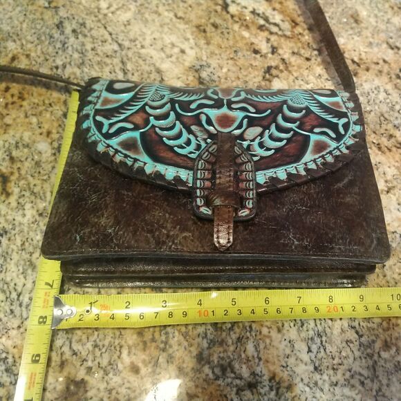 Patricia Nash tooled turquoise and brown Poppy Leather Crossbody Purse $250 EUC - Picture 11 of 12